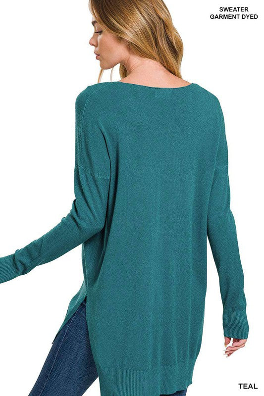 ZENANA Hi-Low Hem V-Neck Center Seam Sweater