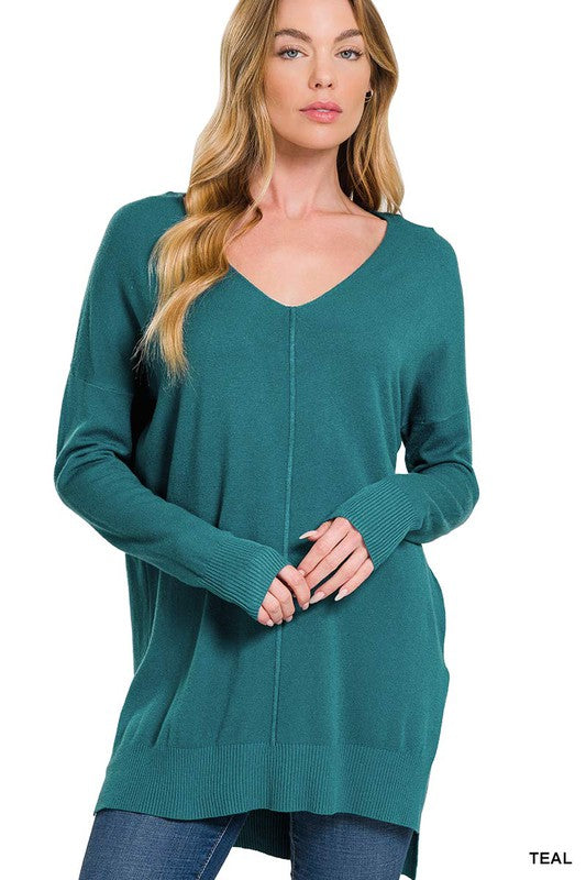 ZENANA Hi-Low Hem V-Neck Center Seam Sweater