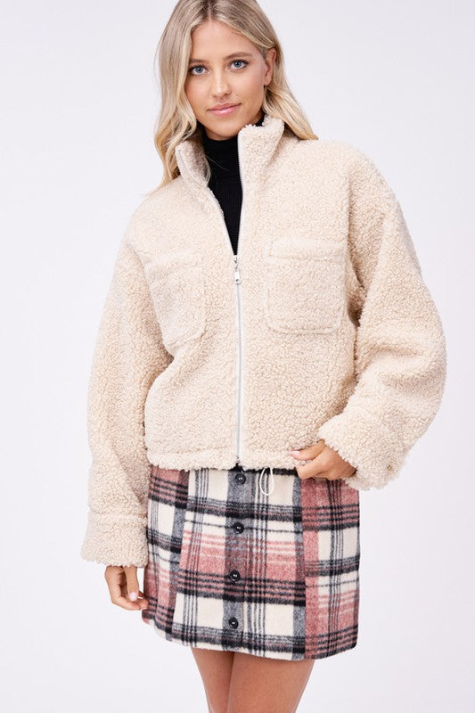 Emory Park STRIPED COLLARED SWEATER TOP SHERPA JACKET WITH FRONT POCKETS