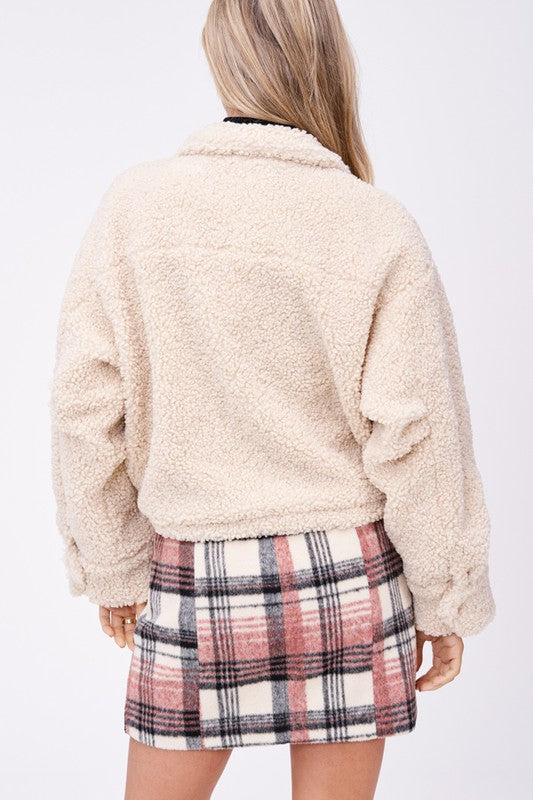 Emory Park STRIPED COLLARED SWEATER TOP SHERPA JACKET WITH FRONT POCKETS