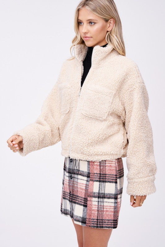 Emory Park STRIPED COLLARED SWEATER TOP SHERPA JACKET WITH FRONT POCKETS