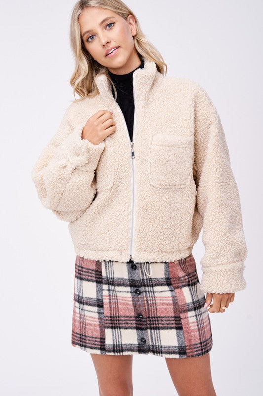 Emory Park STRIPED COLLARED SWEATER TOP SHERPA JACKET WITH FRONT POCKETS