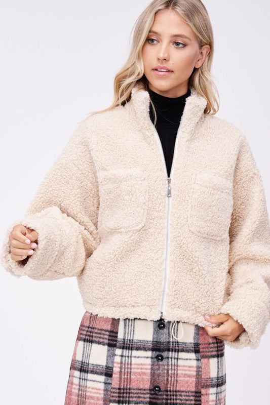 Emory Park STRIPED COLLARED SWEATER TOP SHERPA JACKET WITH FRONT POCKETS