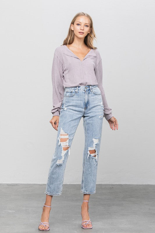 Denim Lab USA High Rise Ripped Girlfriend Jeans