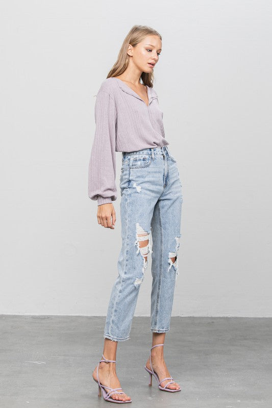 Denim Lab USA High Rise Ripped Girlfriend Jeans