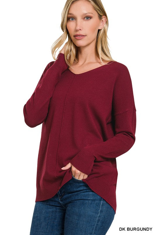 ZENANA Hi-Low Garment Dyed V-Neck Front Seam Sweater – TheMogan