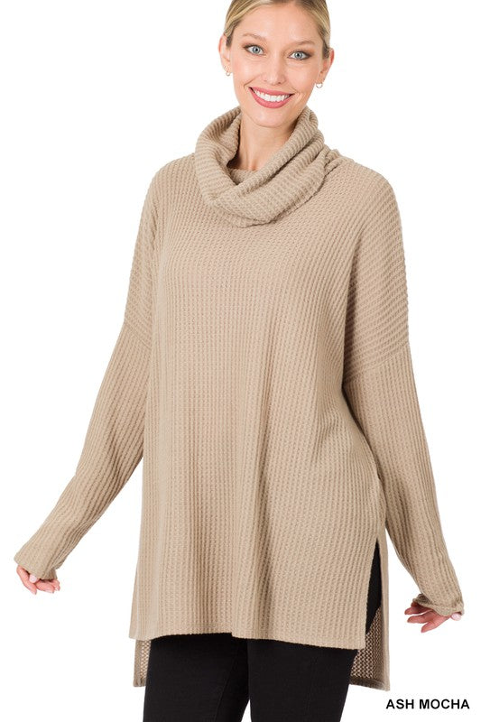 ZENANA Brushed Thermal Waffle Cowl Neck Hi-Low Sweater