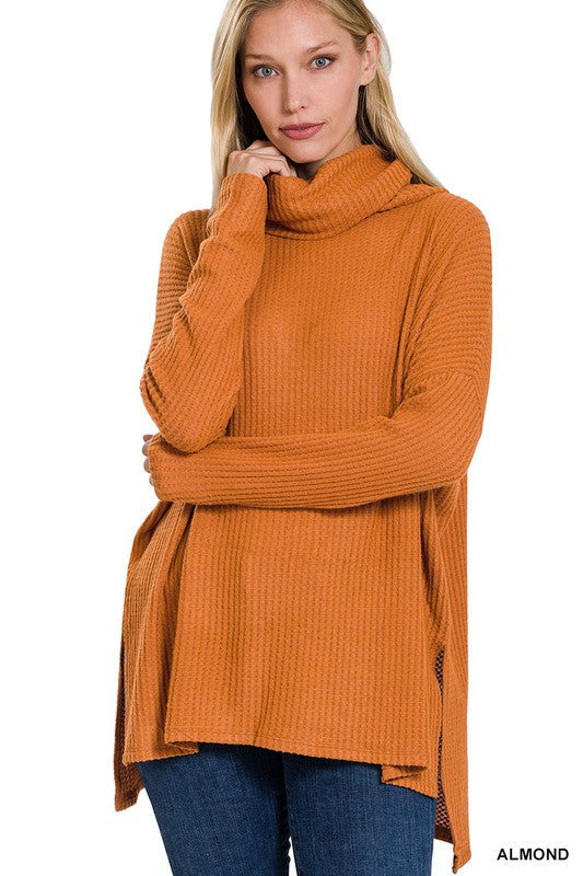 ZENANA Brushed Thermal Waffle Cowl Neck Hi-Low Sweater