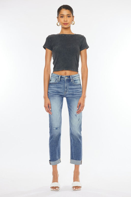 Kan Can High Rise Cuffed Slim Straight Jeans