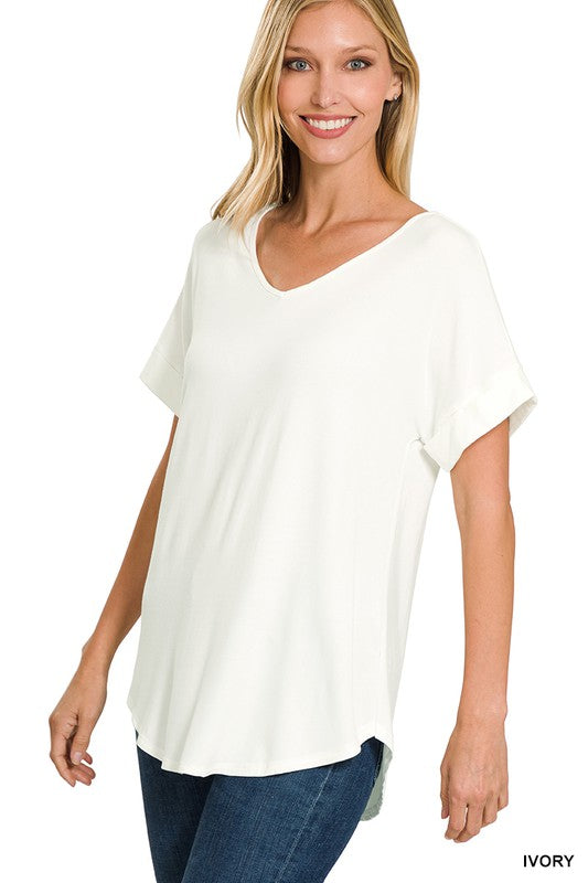 Load image into Gallery viewer, ZENANA Luxe Rayon Short Cuff Sleeve V-Neck Round Hem Top.
