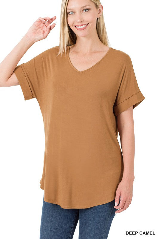 Load image into Gallery viewer, ZENANA Luxe Rayon Short Cuff Sleeve V-Neck Round Hem Top.
