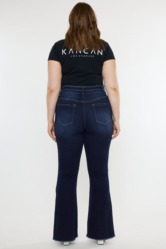 Kan Can Plus High Rise Double WB Fray Hem Flare Jeans