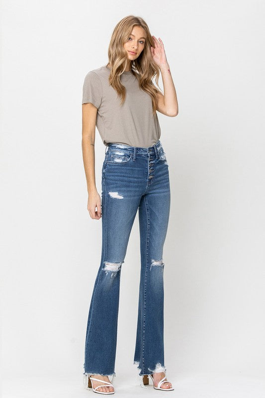 Flying Monkey High Rise Distressed Raw hem Flare Jeans