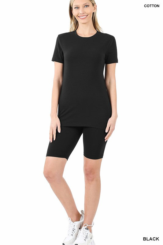 ZENANA Cotton Round Neck Top & Bike Shorts Set