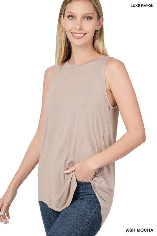 ZENANA Luxe Rayon Sleeveless Round Neck Hi-Low Hem Top