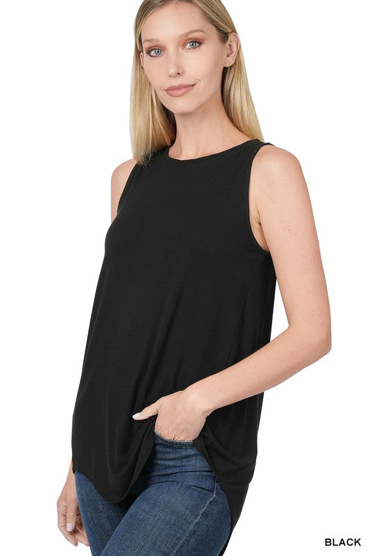 ZENANA Luxe Rayon Sleeveless Round Neck Hi-Low Hem Top