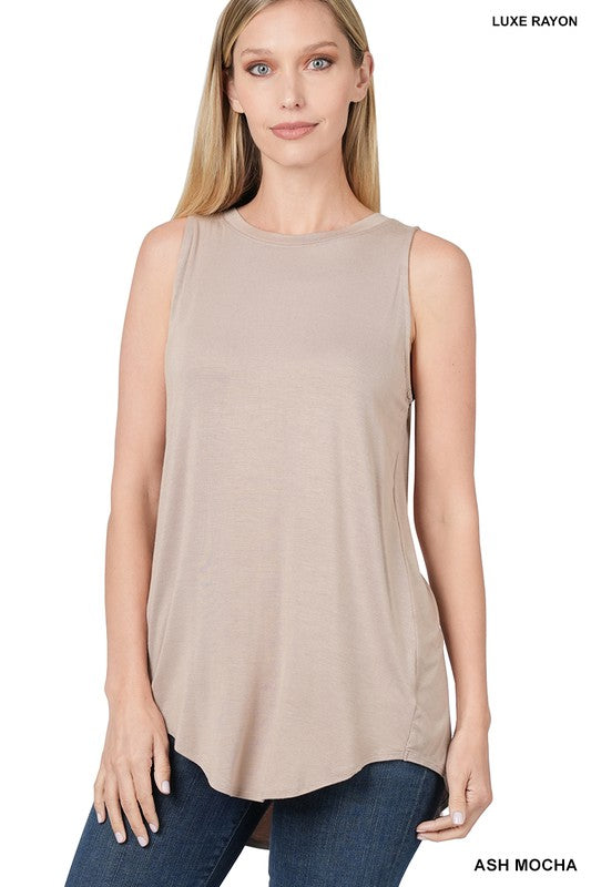 ZENANA Luxe Rayon Sleeveless Round Neck Hi-Low Hem Top