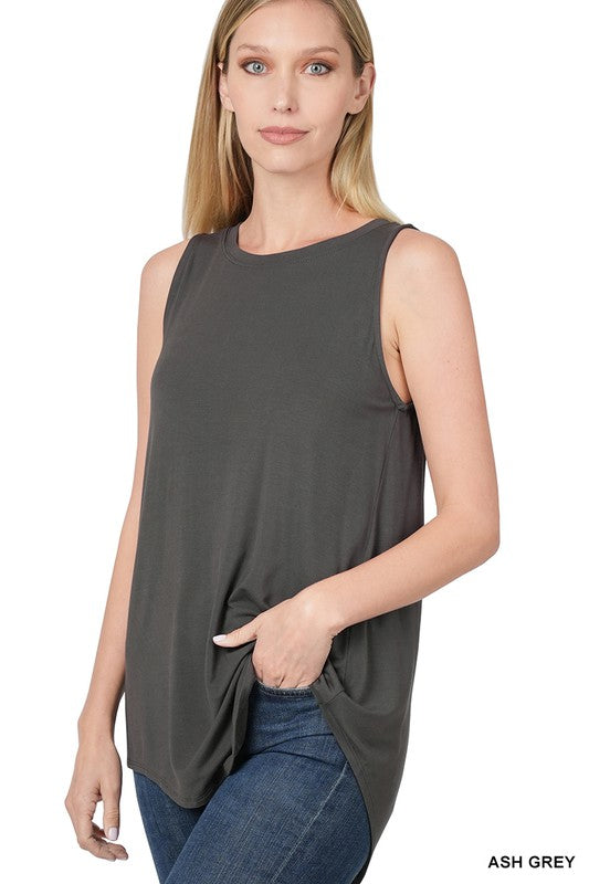 ZENANA Luxe Rayon Sleeveless Round Neck Hi-Low Hem Top