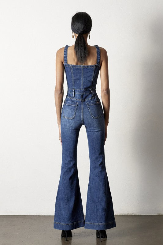 Denim Lab USA Front Buttons Flare Denim Overalls