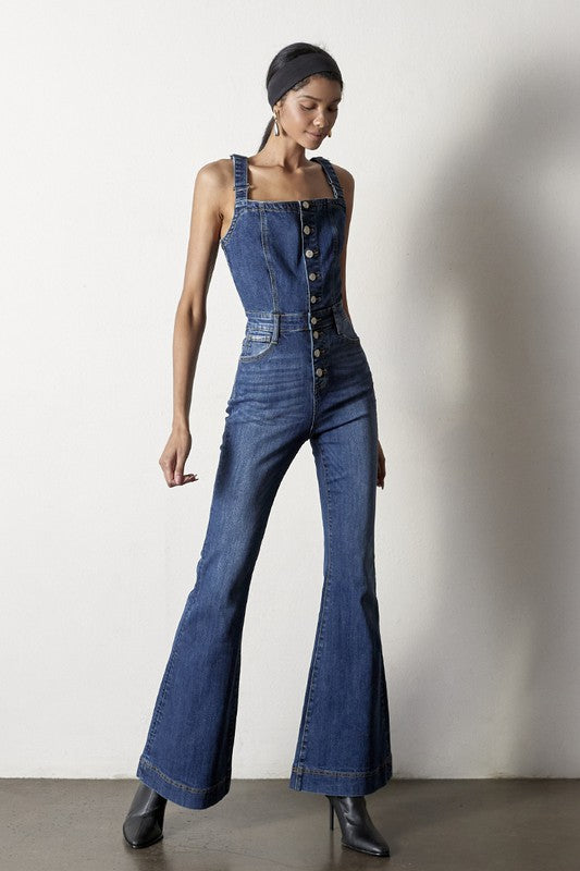 Denim Lab USA Front Buttons Flare Denim Overalls