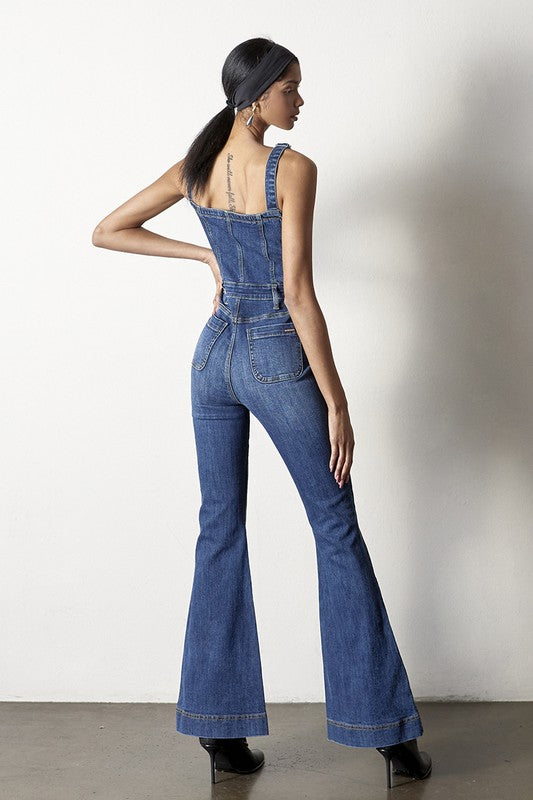 Denim Lab USA Front Buttons Flare Denim Overalls