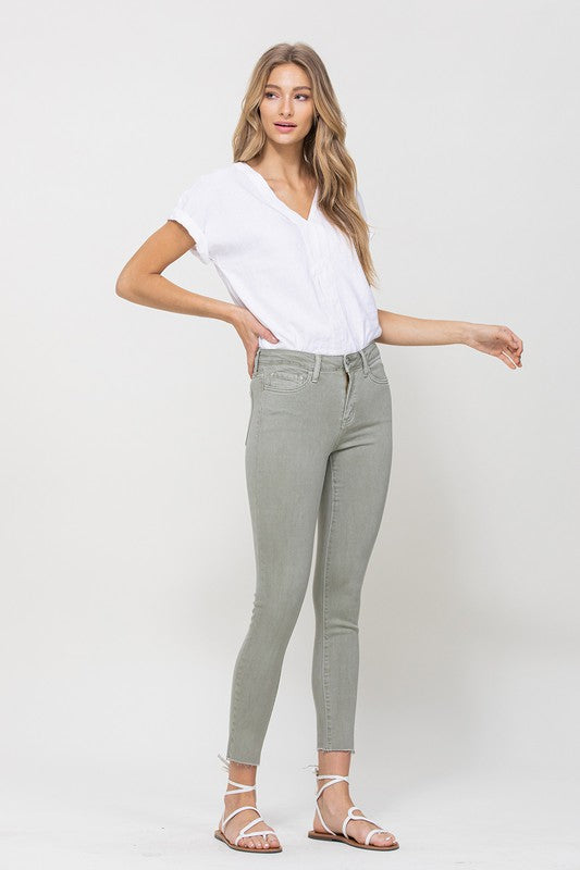 VERVET by Flying Monkey Mid Rise Denim Olive Skinny Fray Hem Jeans