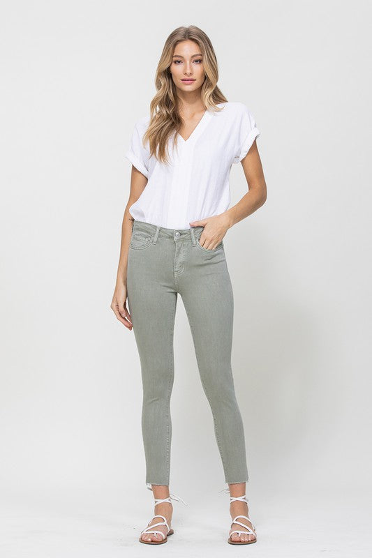 VERVET by Flying Monkey Mid Rise Denim Olive Skinny Fray Hem Jeans