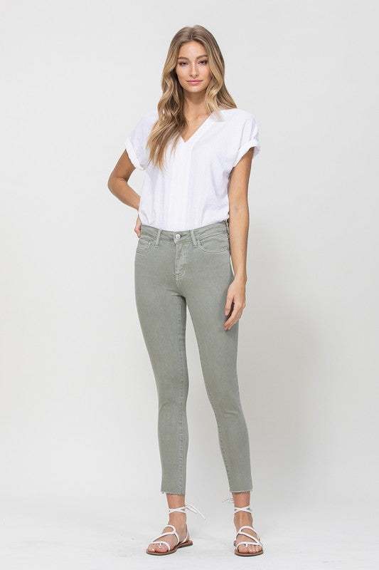 VERVET by Flying Monkey Mid Rise Denim Olive Skinny Fray Hem Jeans