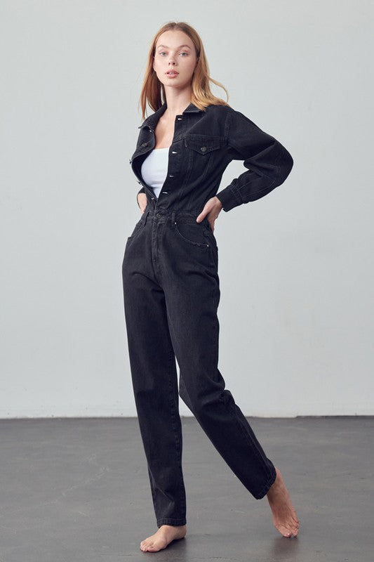 Denim Lab USA High Waist Flap Pocket Half Button Denim Jumpsuit