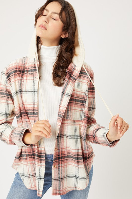 Love Tree Plaid Flannel Button Up Shacket with Hood