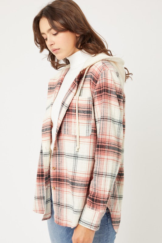 Love Tree Plaid Flannel Button Up Shacket with Hood