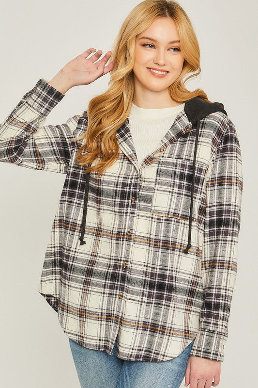 Love Tree Plaid Flannel Button Up Shacket with Hood