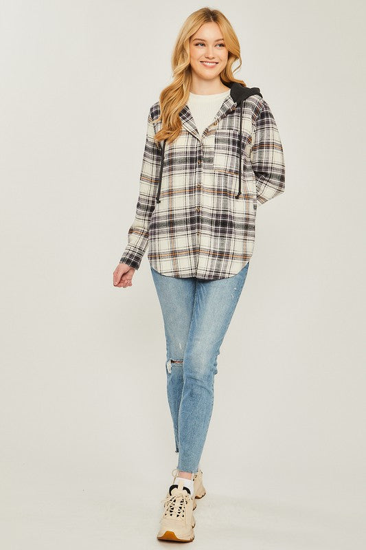 Love Tree Plaid Flannel Button Up Shacket with Hood