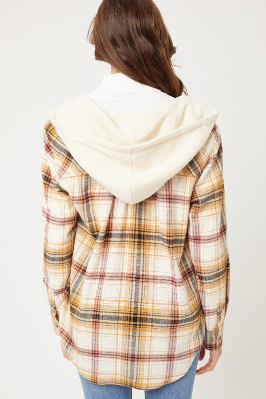 Love Tree Plaid Flannel Button Up Shacket with Hood