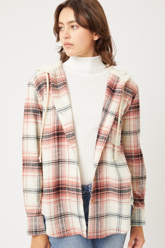 Love Tree Plaid Flannel Button Up Shacket with Hood