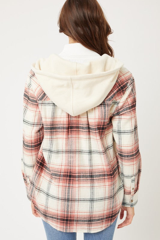 Love Tree Plaid Flannel Button Up Shacket with Hood