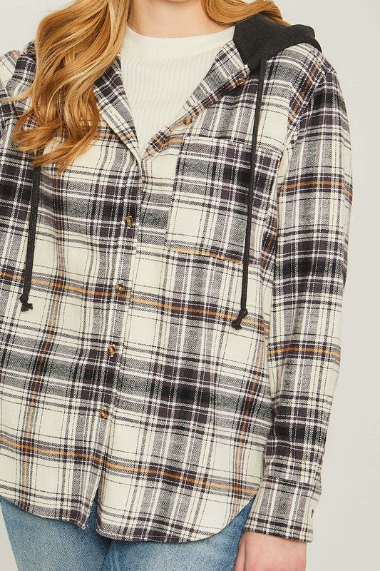 Love Tree Plaid Flannel Button Up Shacket with Hood