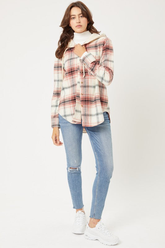 Love Tree Plaid Flannel Button Up Shacket with Hood