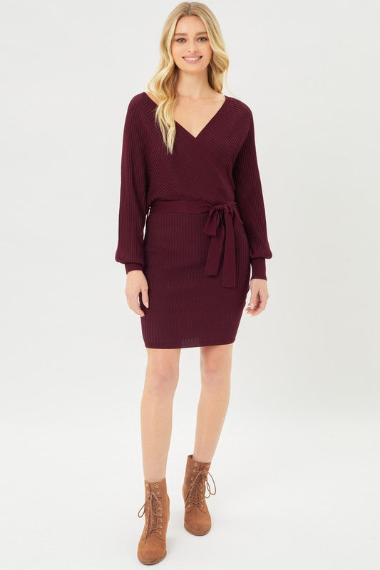 Love Tree Off Shoulder Wrap Belted Ribbed Knit Dress