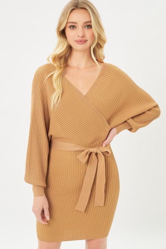 Love Tree Off Shoulder Wrap Belted Ribbed Knit Dress