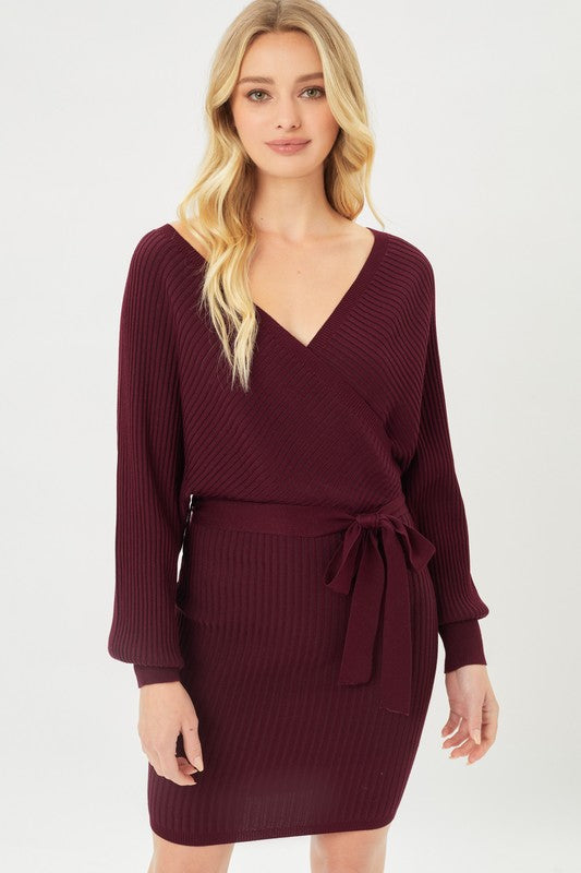 Love Tree Off Shoulder Wrap Belted Ribbed Knit Dress