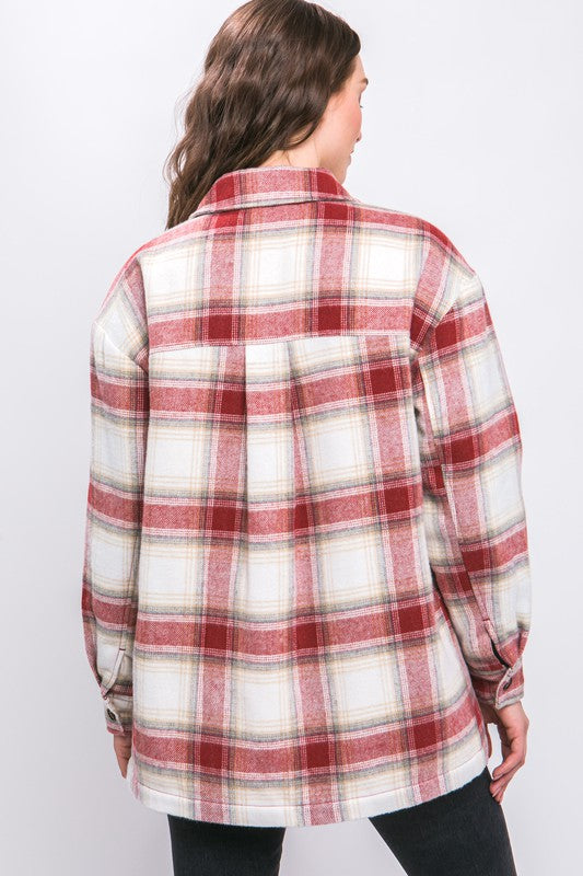 Love Tree Plaid Button Up Jacket with Sherpa Lining