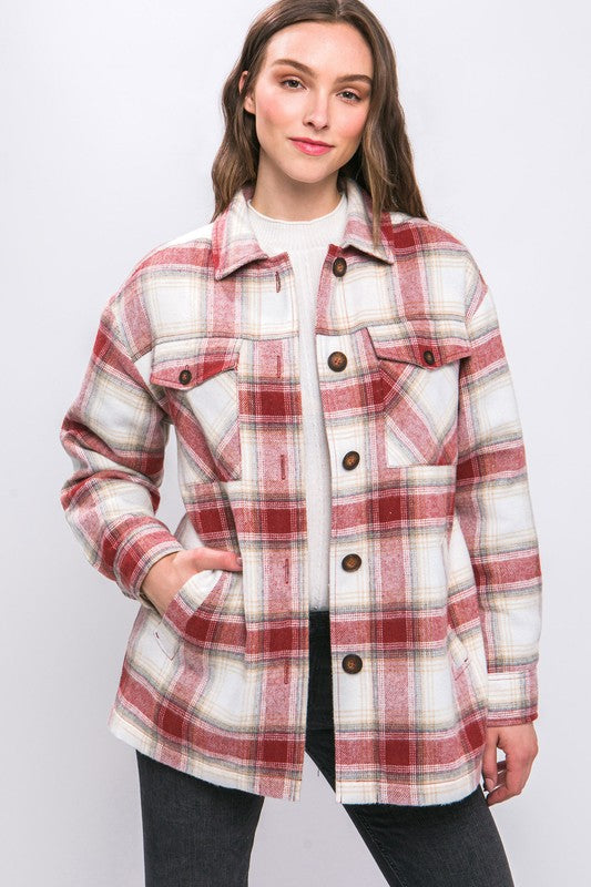Love Tree Plaid Button Up Jacket with Sherpa Lining