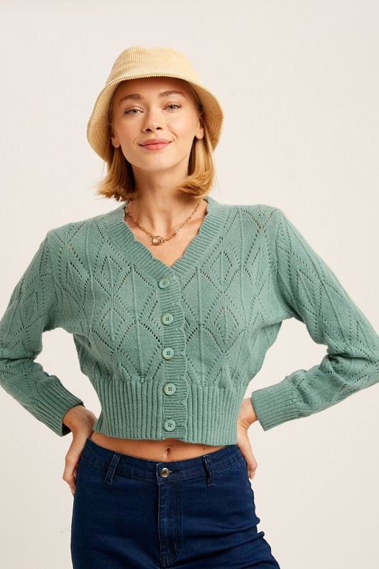 Listicle V-neck Scallop Edge Button Down Crop Knit Cardigan