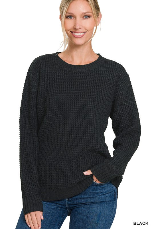 ZENANA Hi-Low Long Sleeve Round Neck Waffle Sweater