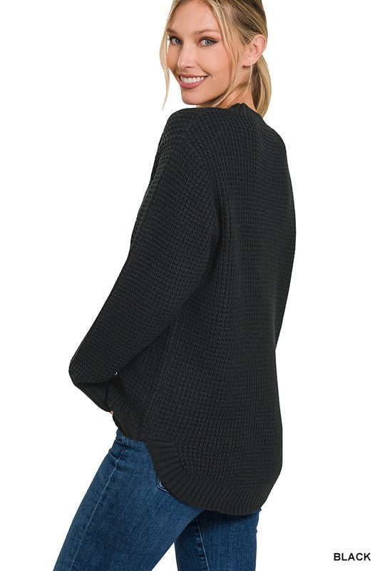 ZENANA Hi-Low Long Sleeve Round Neck Waffle Sweater