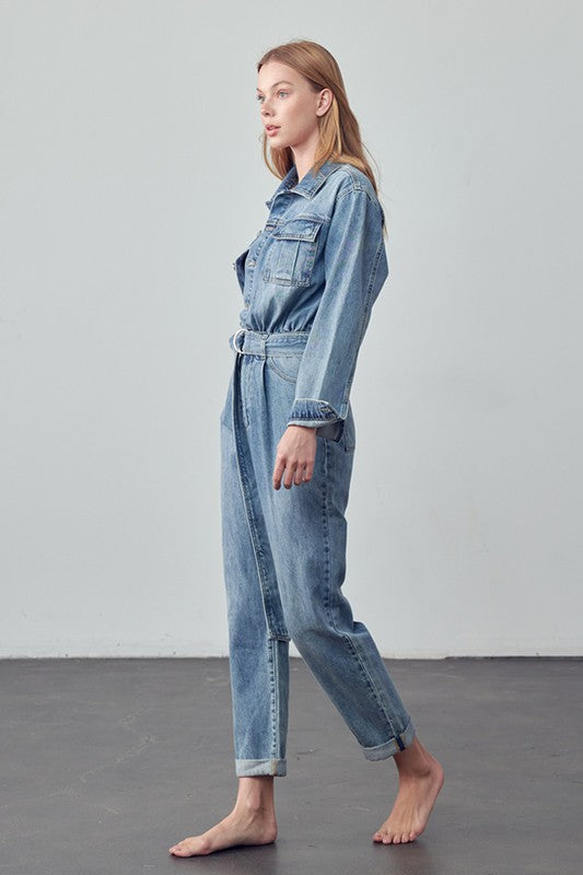 Denim Lab USA Belted Collared Button Front Denim Jumpsuit