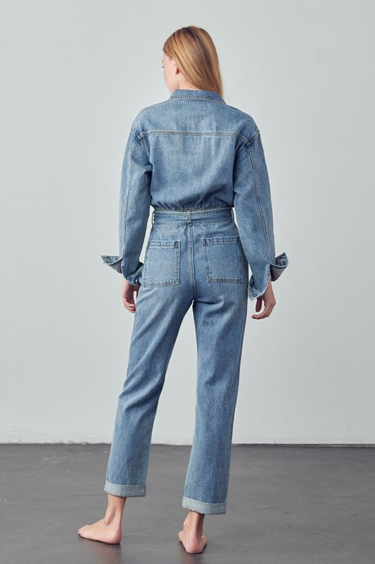 Denim Lab USA Belted Collared Button Front Denim Jumpsuit