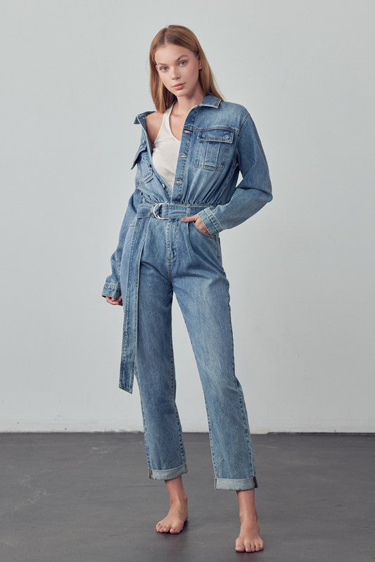 Denim Lab USA Belted Collared Button Front Denim Jumpsuit