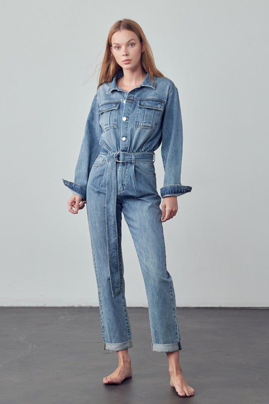 Denim Lab USA Belted Collared Button Front Denim Jumpsuit